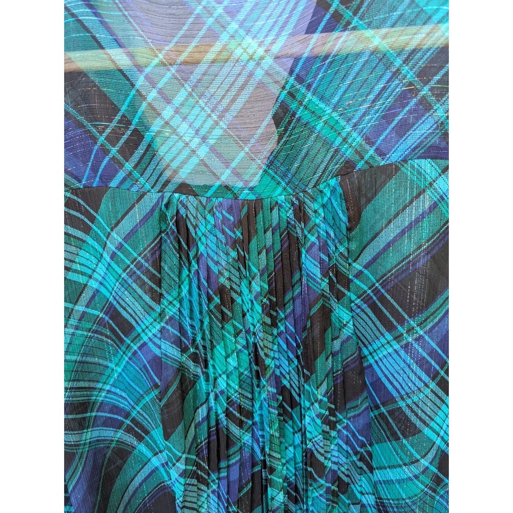 Catherines Plus 2x 22/24 Sheer ButtonUp Shirt Blouse Green Blue Teal Plaid Tunic - Picture 2 of 6